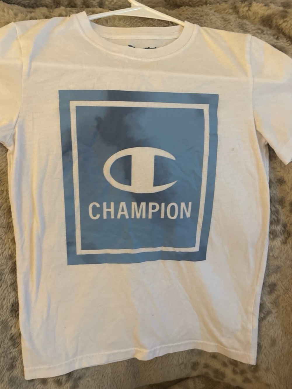 Champion White Tee with Light Blue Logo Box